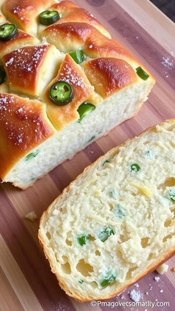 Freshly baked jalapeño cheddar bread with slices showcasing jalapeños and cheese, on a wooden board.